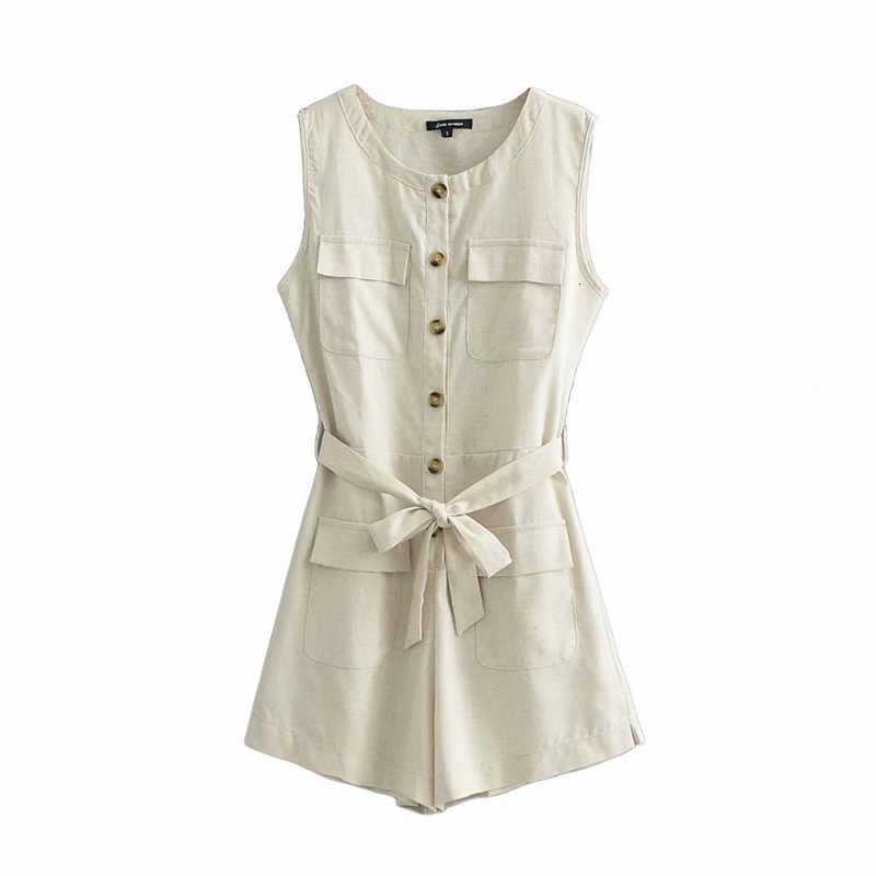 

New Safari Style Women Cotton Linen Rompers 2021 Fashion Ladies Button O-neck Romper Streetwear Female Chic Pocket Sashes Playsuits 8scg, Beige