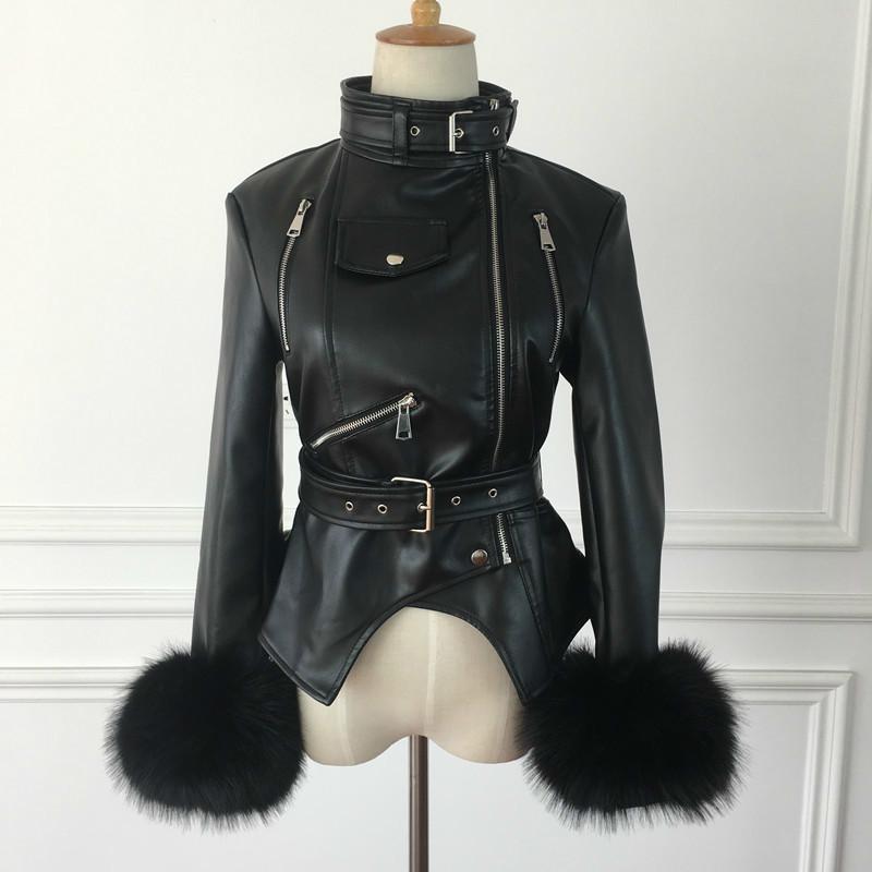 

Women Winter Autumn Fleece Liner Faux Leather Jacket Female Balck Warm PU Jacket Ladies Faux Fur Cuff Short Coat Windbreaker, Black