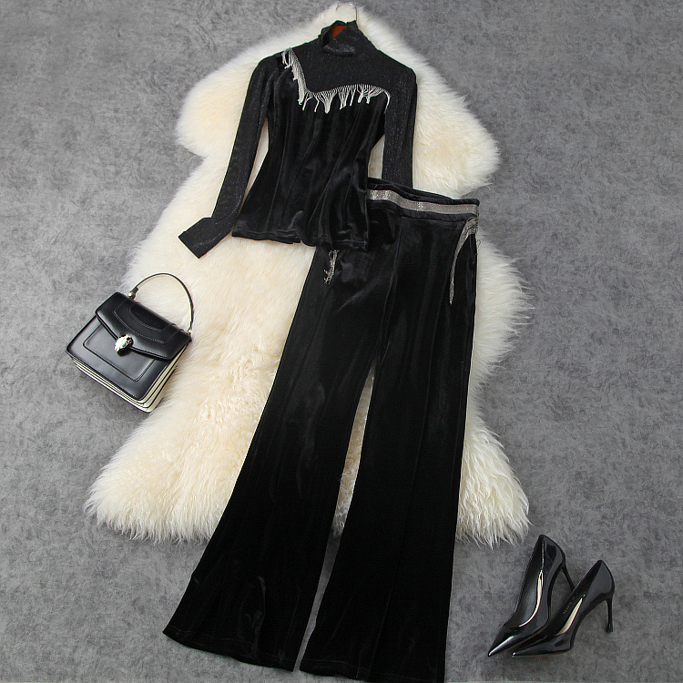 

European and American women's wear 2020 winter new style Long-sleeved Beaded tassel net T-shirt Velvet trousers Fashion suits, Black