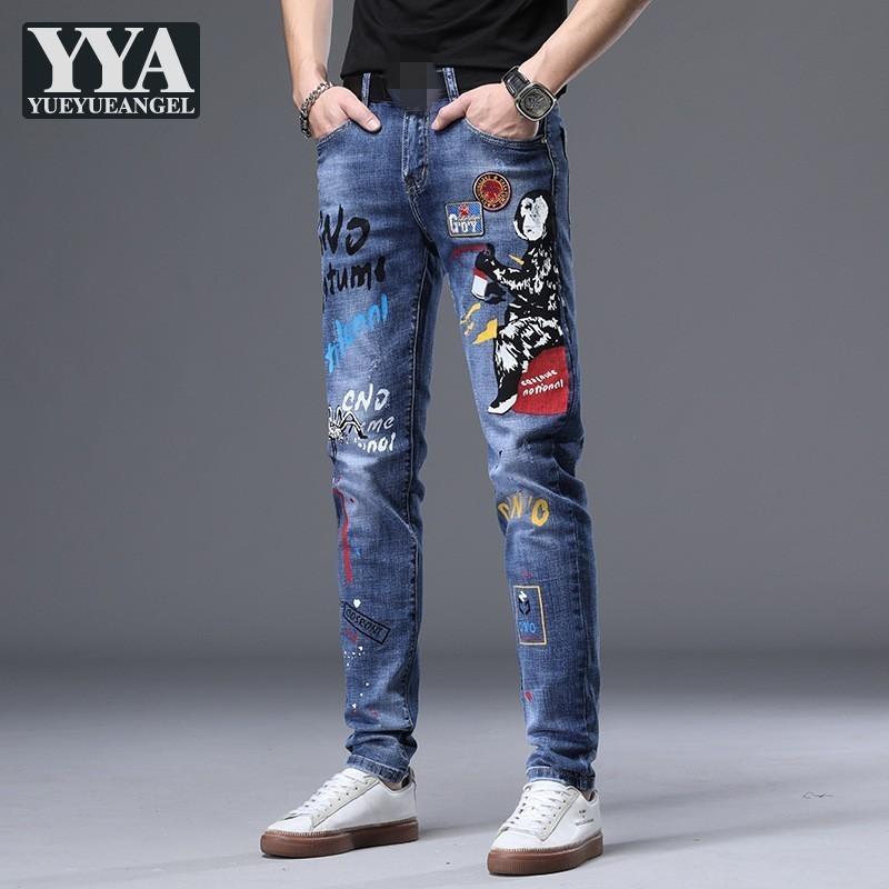 

Fashion Printing Fashion Mens Pencil Pants Autumn Trousers Embroidery Slim Fit Elastic Jeans Streetwear Vintage Casual Men Jeans, Blue