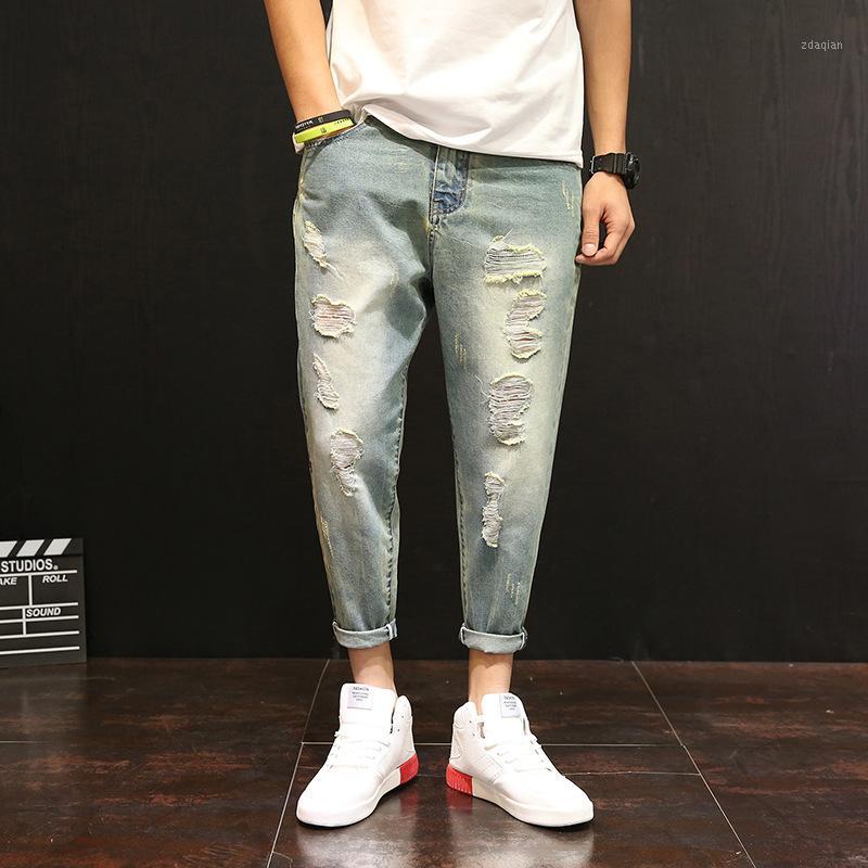 

Vintage Ankle-Length Mens Jeans Cuffs Plus Size Hollow Out Light Blue Pants Denim Mens Trousers 2020 Men Clothes OMP2050041
