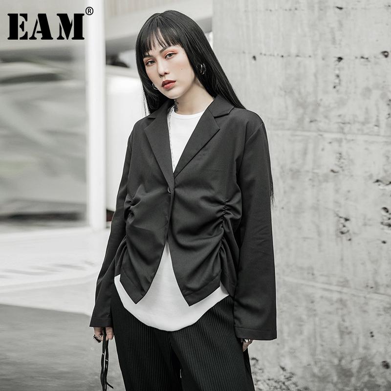 

EAM] Loose Fit Black Asymmetrical Pleated Split Joint Short Jacket New Lapel Long Sleeve Women Coat Fashion Spring 2020 1R60