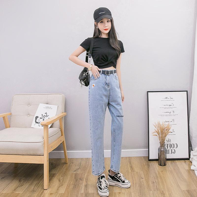 

Small Daisy Nine Point Denim Women' Autumn Simple Embroidery Straight Tube Dad Pants High Waist Harem Cross Border Jeans, Blue