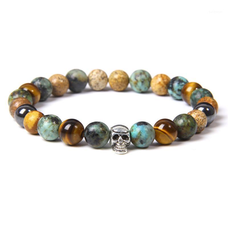 

Silver Color Skull Charm Bracelets Men Fashion Goth Handmade Elastic Bracelet Jewelry Women Protection Energy Tiger Eye Pulsera1