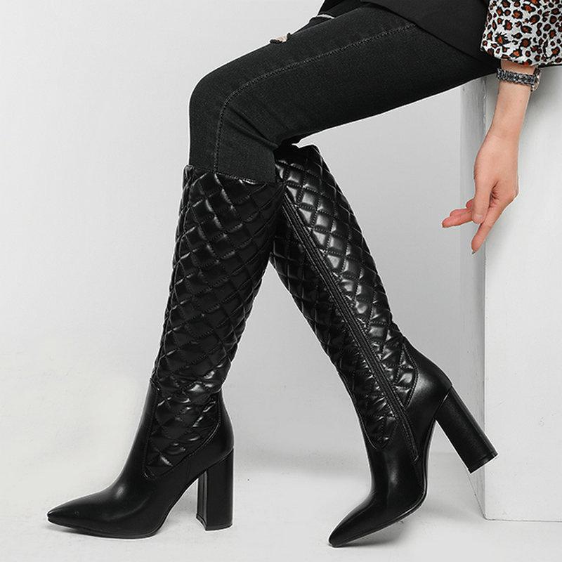 

2021 Autumn PU Leather Women Boots Fashion Zipper Knee High Boots Thick High Heel Pointed Toe Winter Lady Long Black White