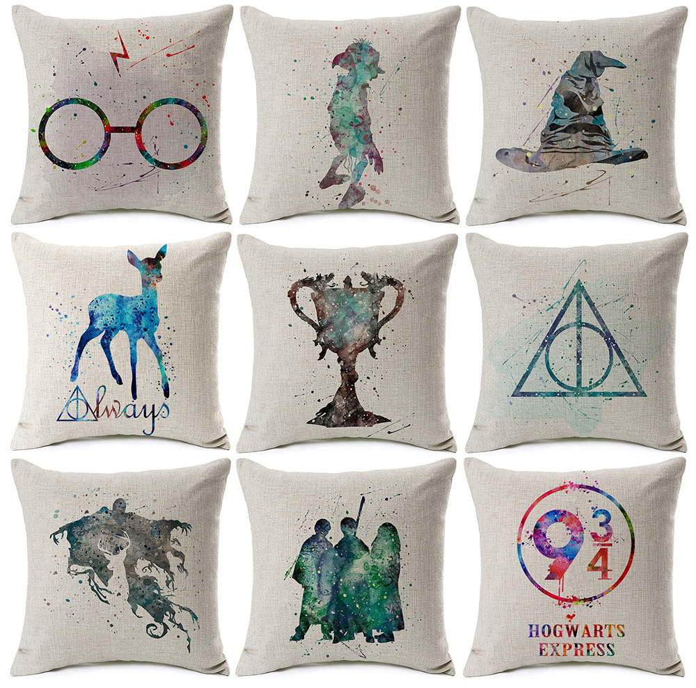 

Harry Potter Cushion Cover Watercolor Painting Sorting Hat the Goblet of Fire Art Cushion Covers Sofa Beige Linen Pillow Case