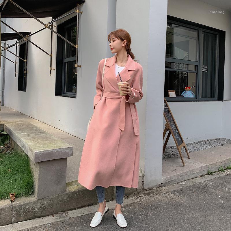 

Winter 2020 New Fashion Korean Loose Plus Size Double Sided Lacing Belt Long Pink Black White Woolen Jacket Women Wool Coat1