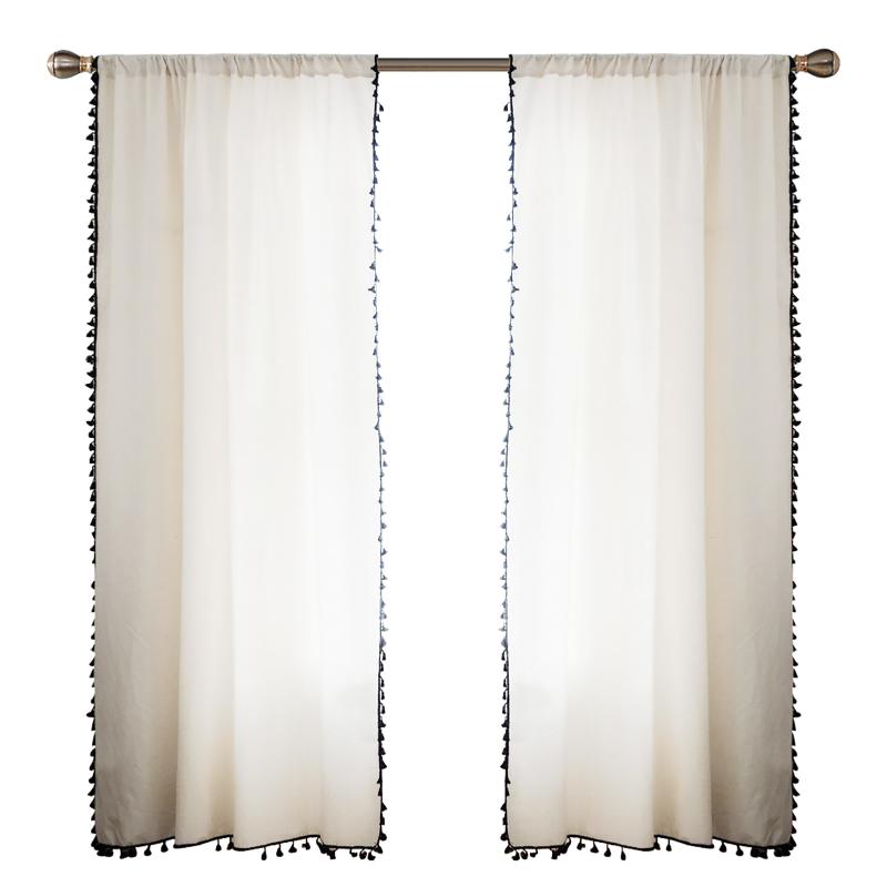 

2pcs Linen Look Window Bedroom Home Tulle Panel Simple Elegant With Tassel Semi- Curtain Decorative Living Room Kitchen