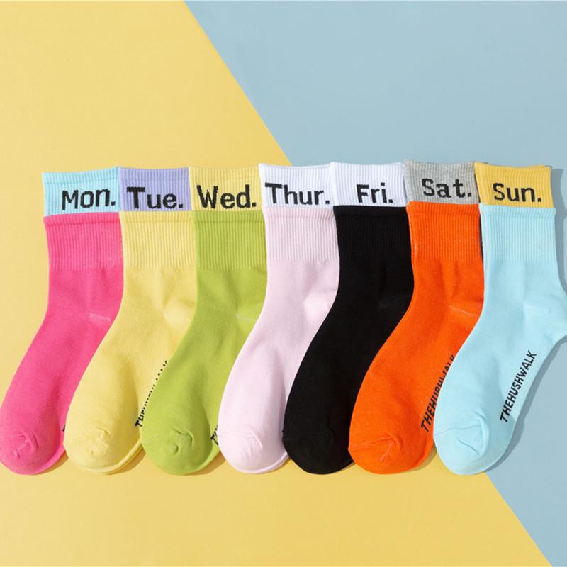 

7Pair Women Crew Socks Funny Cute Cartoon candy colour week crew socks Happy Japanese Harajuku skateboard sox