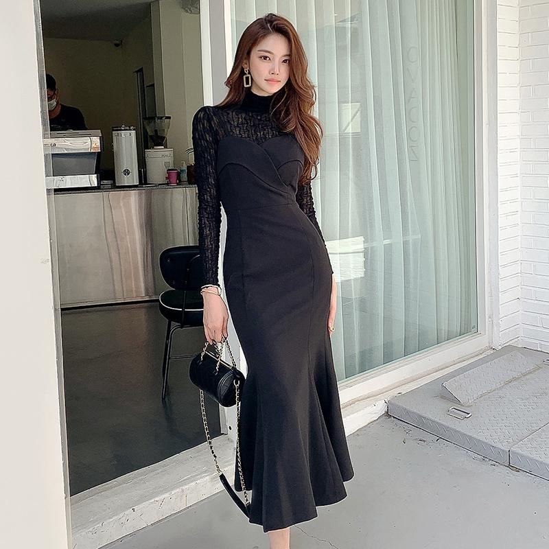 

New Winter Long Midi Formal Party Dress Elegant Black Lace Turtle neck Long Sleeve Trumpet / Mermaid Dress two-piece outfit 2020