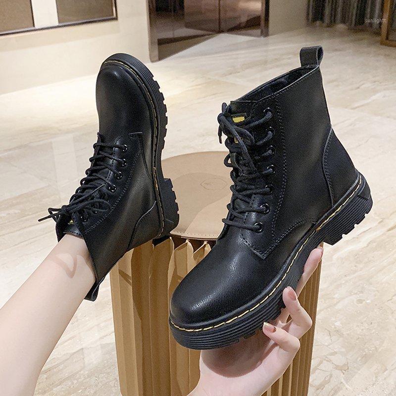 

Lace Up Shoes Woman Flat Boots Round Toe Luxury Designer Boots-Women Winter Footwear Low Lolita Rubber Rock Ankle Black Fashion1