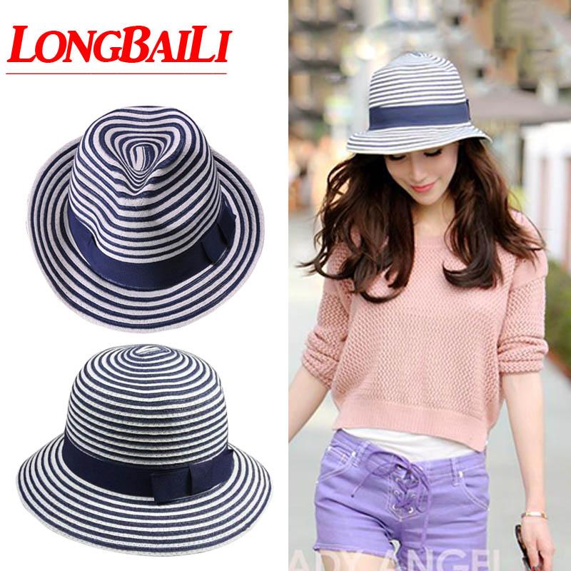 

Wide Brim Hats Trendy Summer Straw Sun Beach Bucket For Women Striped Fedora Female SDDS010, Fedora type