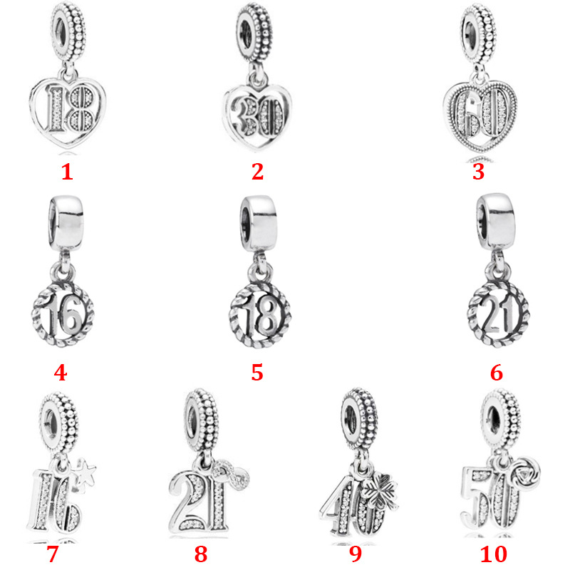 

Genuine 925 Sterling Silver Fit Pandora Bracelet Charms Four Leaf Clover Round Number Pink Heart Charms Beads Love Heart Blue Crysta Charm For DIY Beads Charms