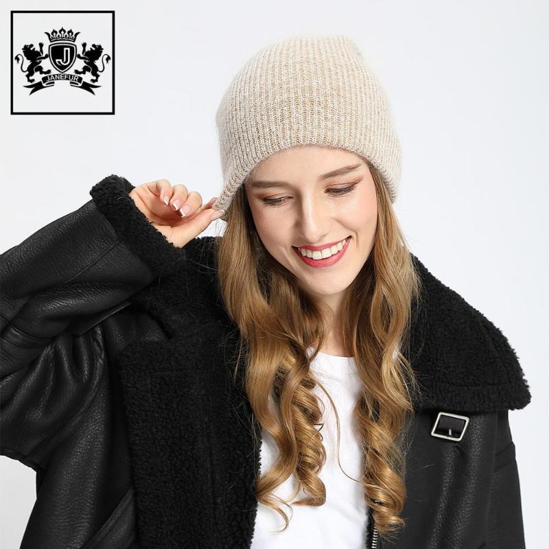 

Warm Angora Women Beanie with Real Fur Pompom Knitted Soft Winter Autumn Stylish Casual Adult Hats, Black
