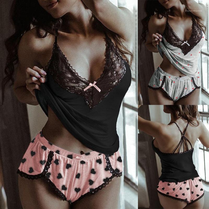 

2020 Women Sleepwear Sleeveless Strap Nightwear Lace Print Trim Soft Cotton Cami Top Pajama Sets Sexy Lingerie Intimate Ladies1