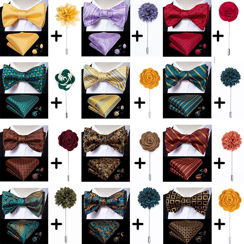 

Men Wedding Party Bow Tie Brooch Pin Pocket Square Set Grooms Formal Dress Gold Red Paisley Bowtie Butterfly Tie Bowknot DiBanGu
