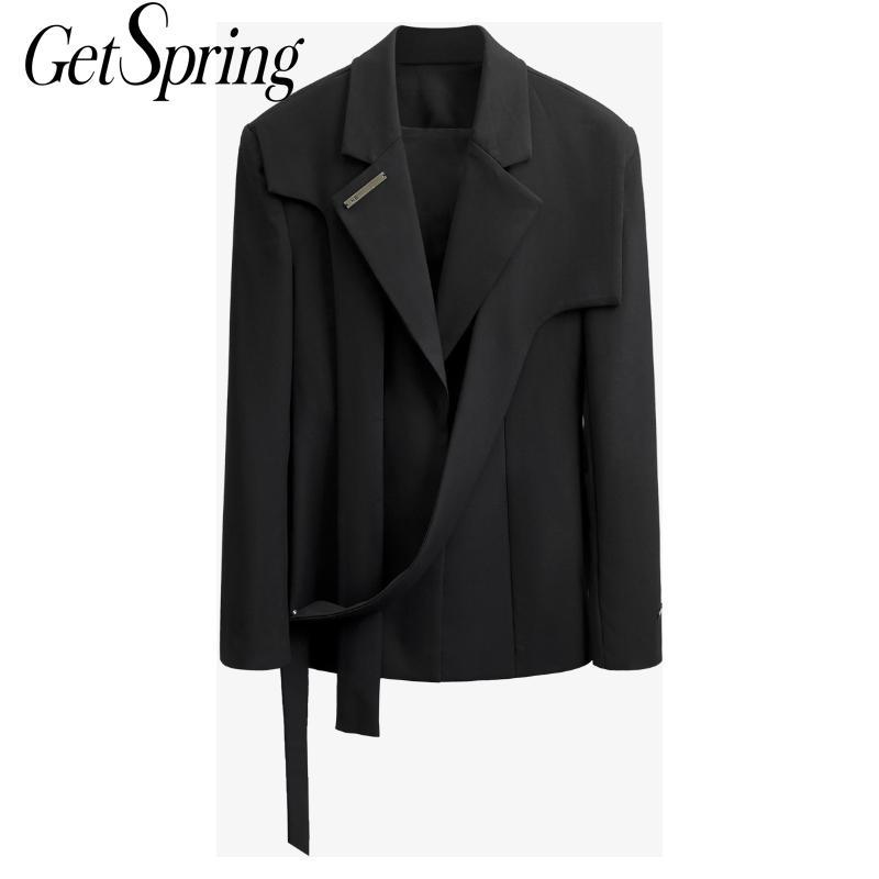 

GetSpring Women Blazer Irregular Ladies Black Blazer Coat Fashionable Women' Suit Jacket Handsome Splicing Long Jacket
