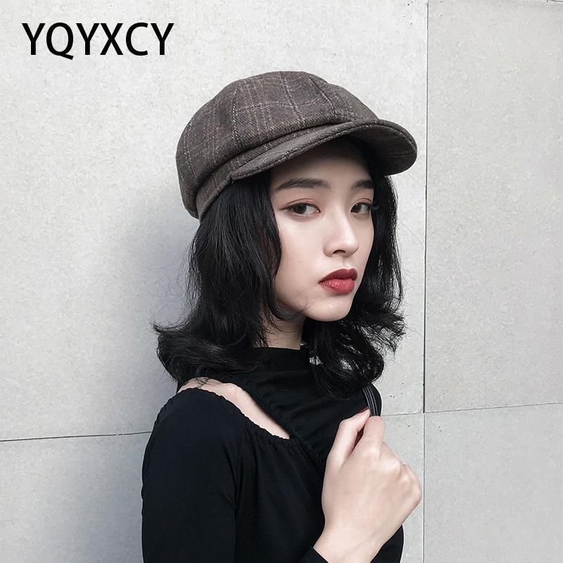 

YQYXCY Women Hat Autumn Winter Hats For Women Plaid Beret Newsboy Cap Korean Octagonal Hat Female Vintage Bonnet Retro Gorras, Black