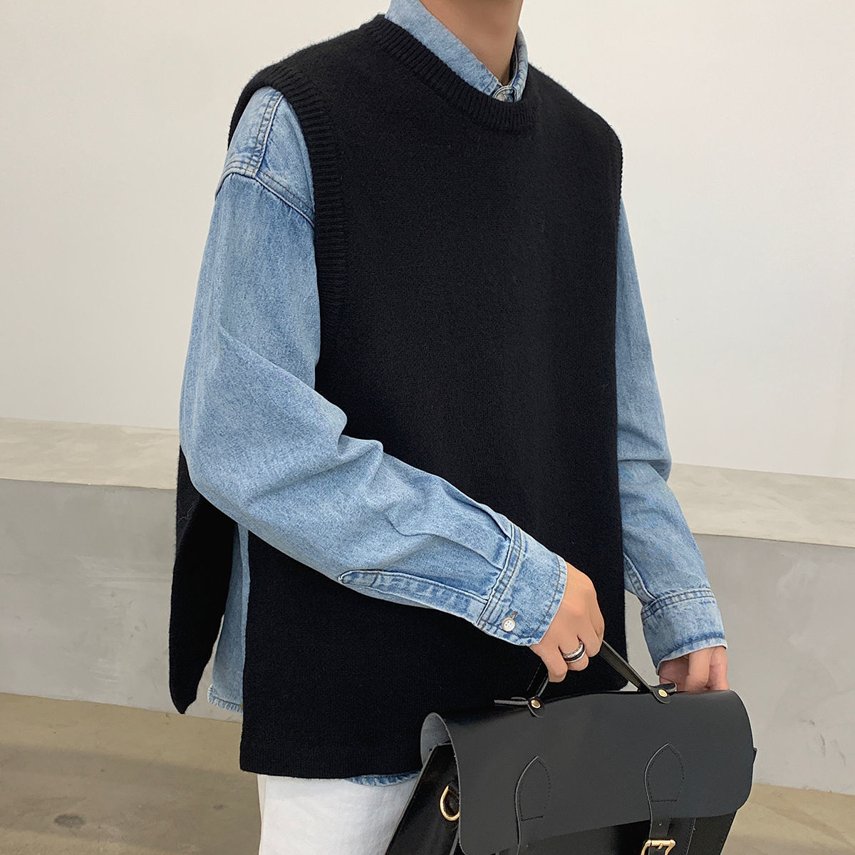 

New Men's 2021 Blouse Autumn Winter Thin Division No Sleeves Sweater Leisure Male Clothing 227G, Black