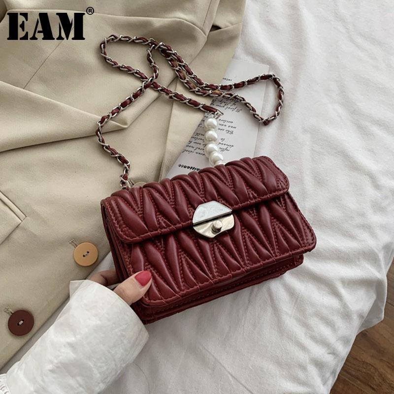 

[EAM] Women New Wrinkled Beading Chains PU Leather Flap Personality All-match Crossbody Shoulder Bag Fashion Tide 2021 18A1671, Black
