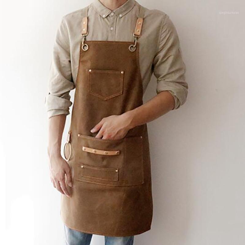 

2020 BBQ Canvas Apron Bib Leather Chef Kitchen Apron For Women Men Barista Bartender Pockets Home Barber Cook Coffee Restaurant1