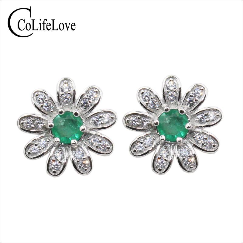 

CoLife Jewelry romantic emerald flower earrings 4mm SI grade natural emerald stud earrings solid 925 silver stud earring