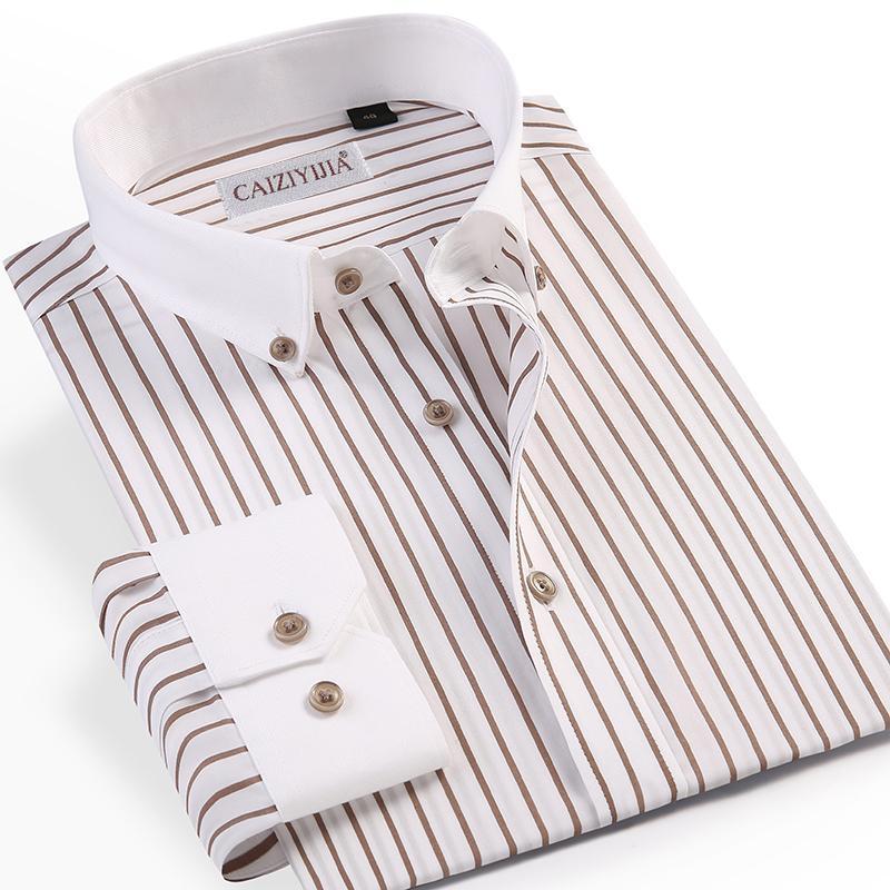 

Men's Patchwork Collar Vertical Striped Dress Shirt Pocket-less Design Casual Long Sleeve Standard-fit Button-down Cotton Shirt, Czlx33-818