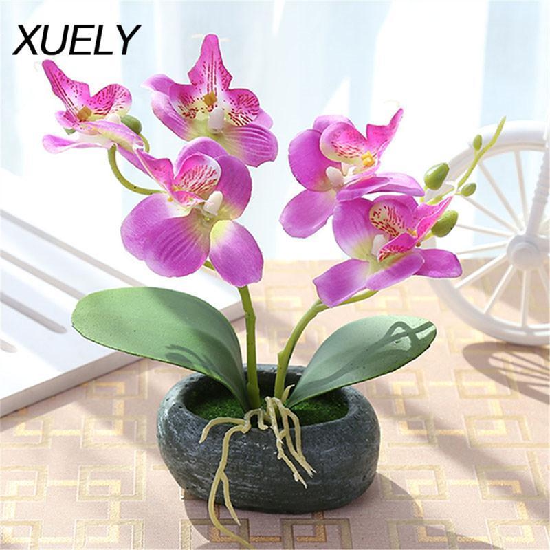 

Artificial orchid flower potted plants silk phalaenopsis foam leaf stone vase fake flower garden home office decor 1set bonsai1, Green