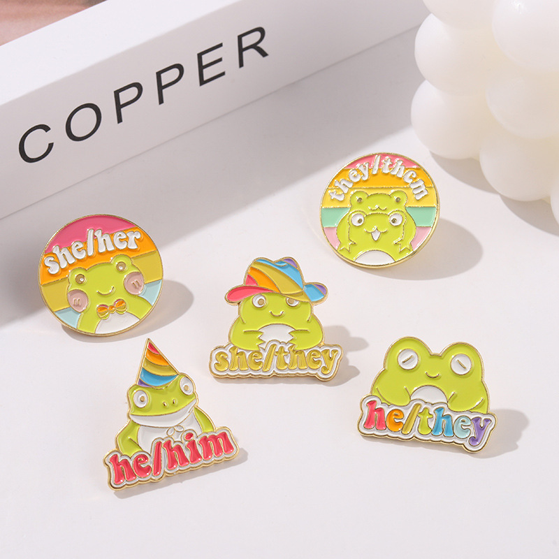 

Cartoon Frog Enamel Pin Colorful Rainbow Hat Personal Pronoun Custom Brooches Wholesale Badge Jewelry Accessories Gift Kids, Mixed colors