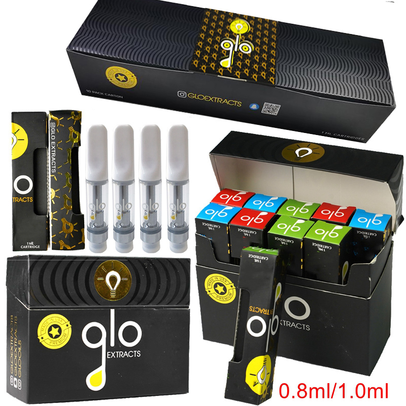 

Newest Packaging Glo Extracts Vape Cartridges 0.8ml 1ml Cermaic Coil 510 cartridge Dab Pen Wax Atomizer Empty E Cigarettes