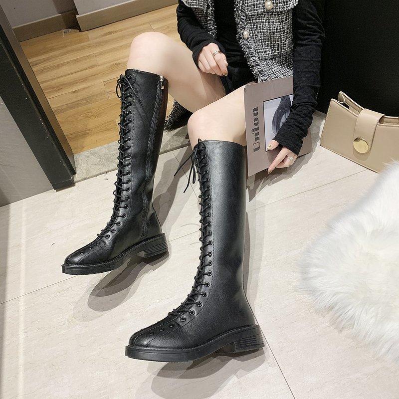 

Knee High Boots Lace Up Women Shoes Thigh High Boots Knee Women Shoes Winter Motorcycle Long Botas Altas Mujer 2020, Black