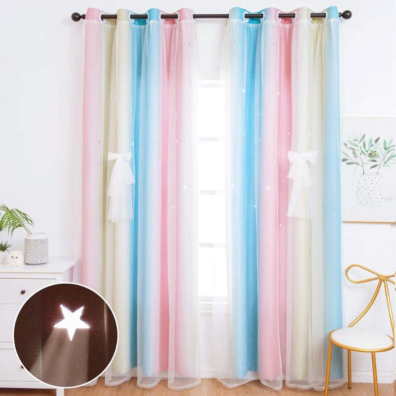 

Window Blackout Curtains for Kids Girls Bedroom Living Room Colorful Double Layer Star Cut Out Stripe Wall Home Decoration 1 PCS, Pink-grey