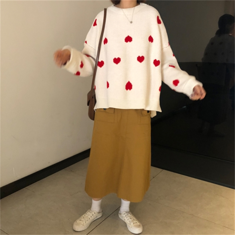 

Fnfosome 2021 New Spring Feminine Heart Print Knitting Female Sweater Long Neck Casual Sleeve Thin Tops Pehi, Red