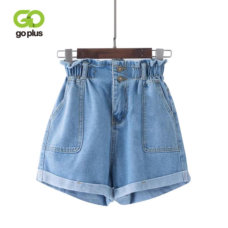 

GOPLUS 2020 Summer Casual Women Jeans Shorts Preppy Retro Elastic High Waist Plus Size Blue Denim Shorts Pockets Female, Dark blue