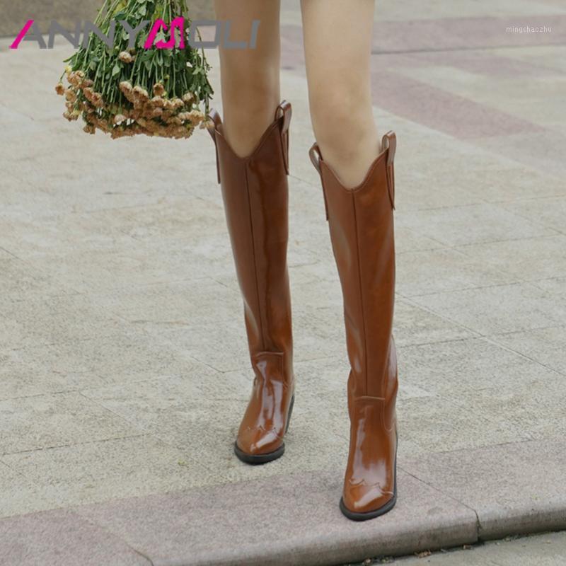 

ANNYMOLI Women Knee High Boots Shoes Real Leather High Heel Western Boots Pointed Toe Thick Heels Slip On Long Lady Black1, Black velvet lining