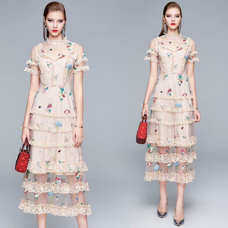

2021 New Merchall Summer Runway Lace Women Ruffles Stand Neck Mesh Embroidery Elegant Party Vestidos Largos Verano Zoqr, Apricot