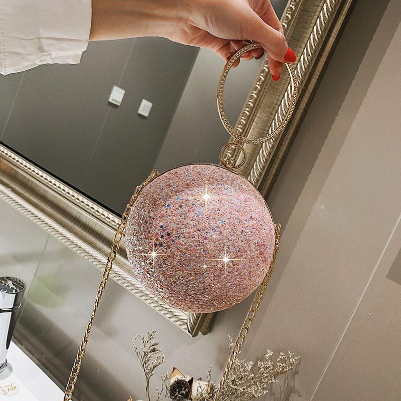 

2021 Women Evening Day Clutch Colorful Crystal Diamonds Round Ball Shaped Clutches Lady Handbag Wedding Purse Chain Shoulder Bag