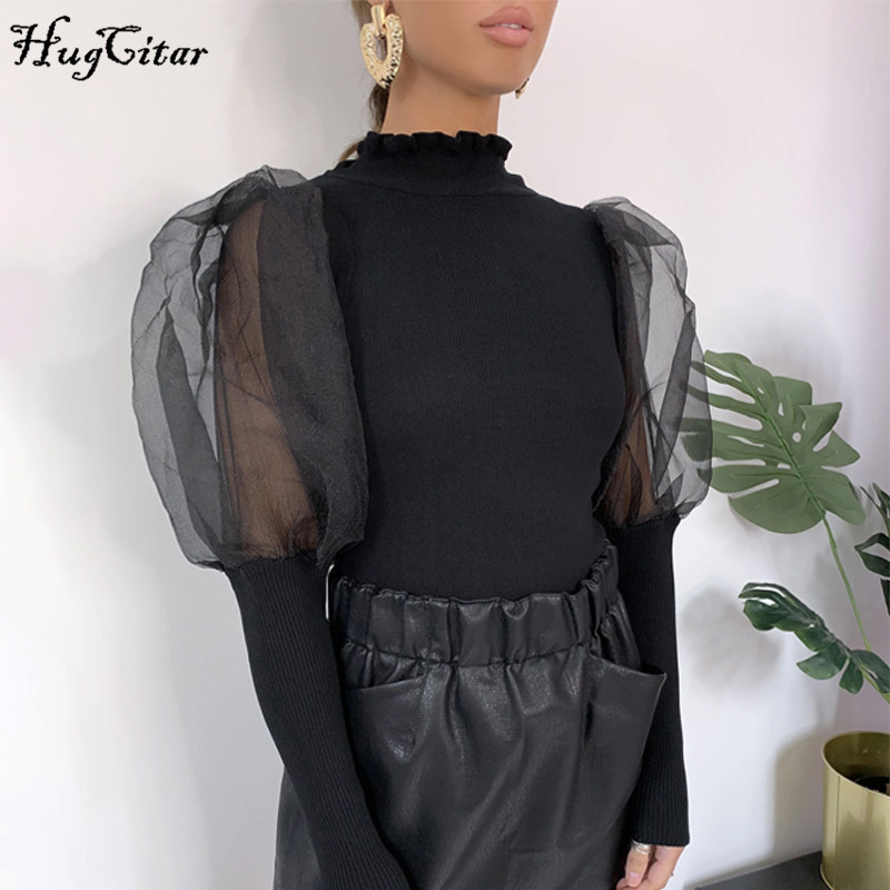 

Hugcitar puff long sleeve patchwork bodycon tops autumn winter women fashion streetwear outfits party elegant T-shirts Y200110, Red