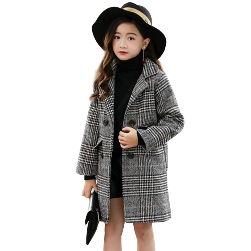 

MudiPanda Girls Coat Fashion Plaid Wool Coat Double-breasted Kids Outerwear Autumn Thick Winter Clothes 6 8 10 12 14 Years Old, As show