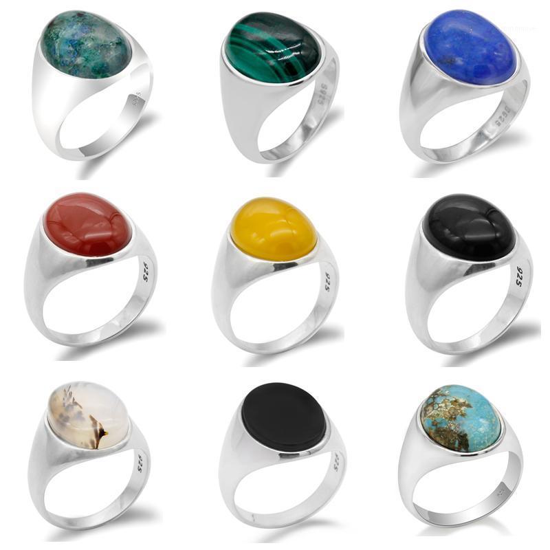

925 Sterling Silver Men Ring with Turquoise/Lapis Lazuli/Agate/Malachite/Onyx/Phoenix Stone Simple Jewelry to Male Women Gift1