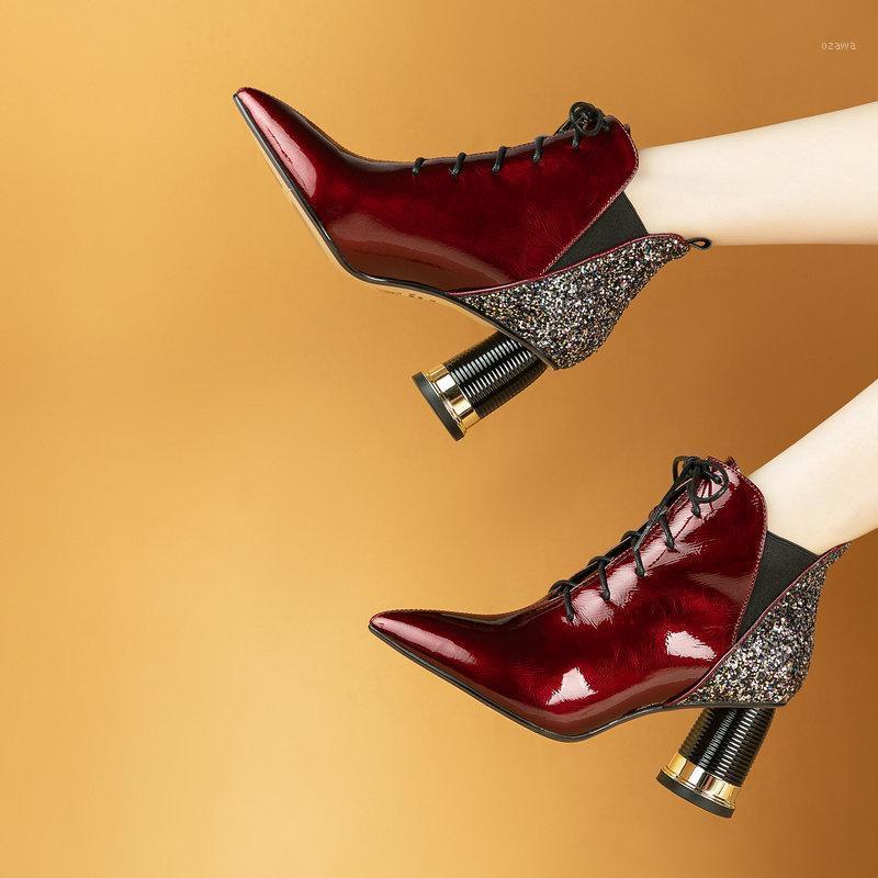 

Elegant bling Women Ankle Boots Pearl Pointed Toe High Heels Pumps lace up Wedding Dancing Shoes Woman1, Black