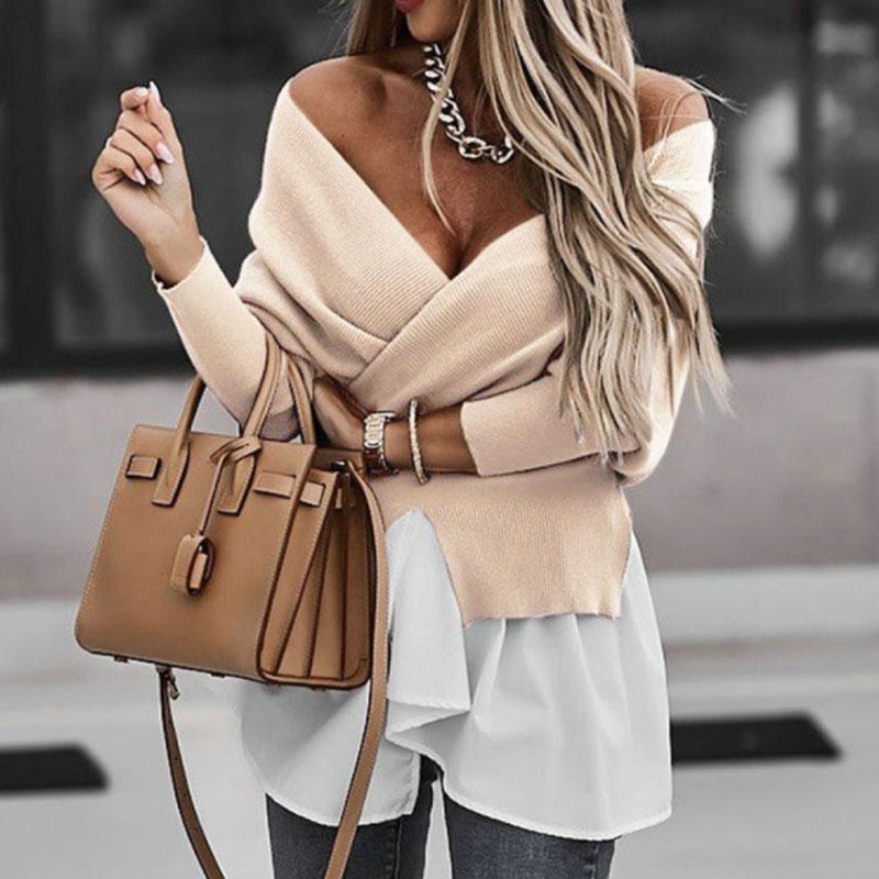 

Elegant Rib Knit Patchwork Ruffle Shirt Women Long Sleeve Irregular Blouse Streetwear Sexy V Neck Backless Wrap Tops Blusa Mujer, Black