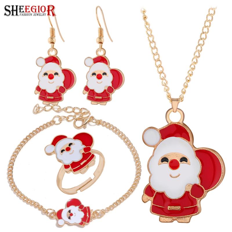 

Merry Christmas Santa Claus Jewelry Sets Lovely Enamel Father Christmas Dangle Earrings Ring Necklace Bracelets Jewelry Set Gift, As pic