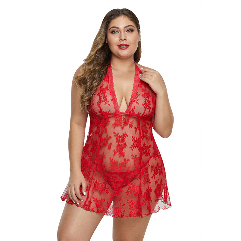 

2020 Designer sexy transparent lace pajamas Oversized and fat ladies sexy dress V-neck low-cut lace dress Design luxury ladies clothes, Red