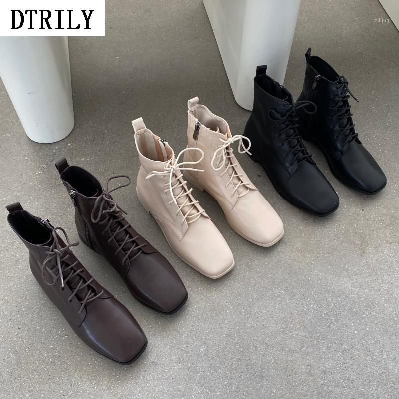 

2020 Brand Lace Up Knight Boots Women Leather Chunky Heels Shoes Square Toe Zip Ankle Boots Zapatillas Mujer Black Brown Beige1, Beige