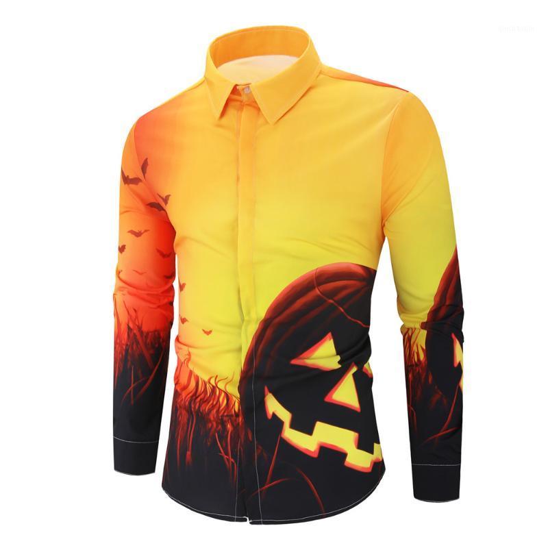 

Funny Pumpkin Printed Shirts Halloween Slim Fit Casual Men Shirt Long Sleeve Spring Autumn Male Tops Plus Size Party Streetwear1, Yellow
