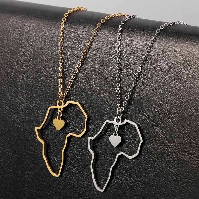 

Gold Color African Map Pendant Necklace Trendy Stainless Steel Heart Map of Africa Continent Jewelry