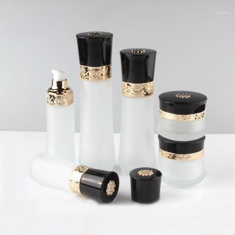 

10pcs Elegant Frosted Glass Lotion Pump Bottle,High Grade Facial Cream Jar With Black Cover Top Bright Gold Carved Pattern1
