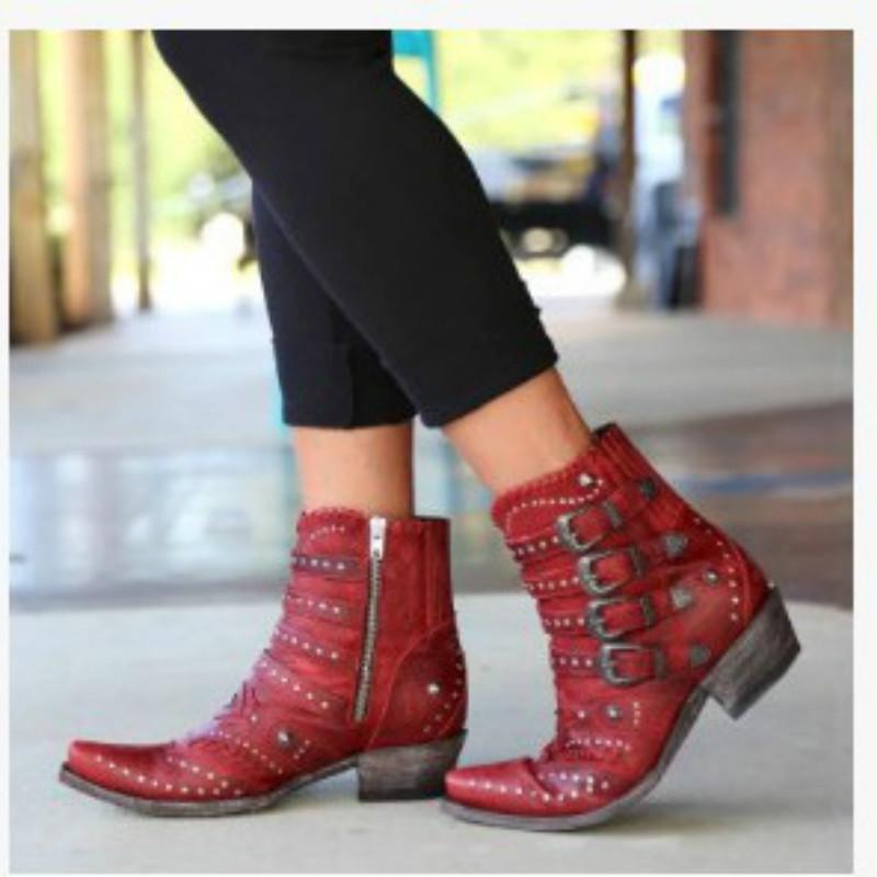 

Autumn and Winter New Women's Leather Boots 2020 Hot Sale Ladies Boots Fashion Plus Size 40-43 Rivet Buckle Women's, Black