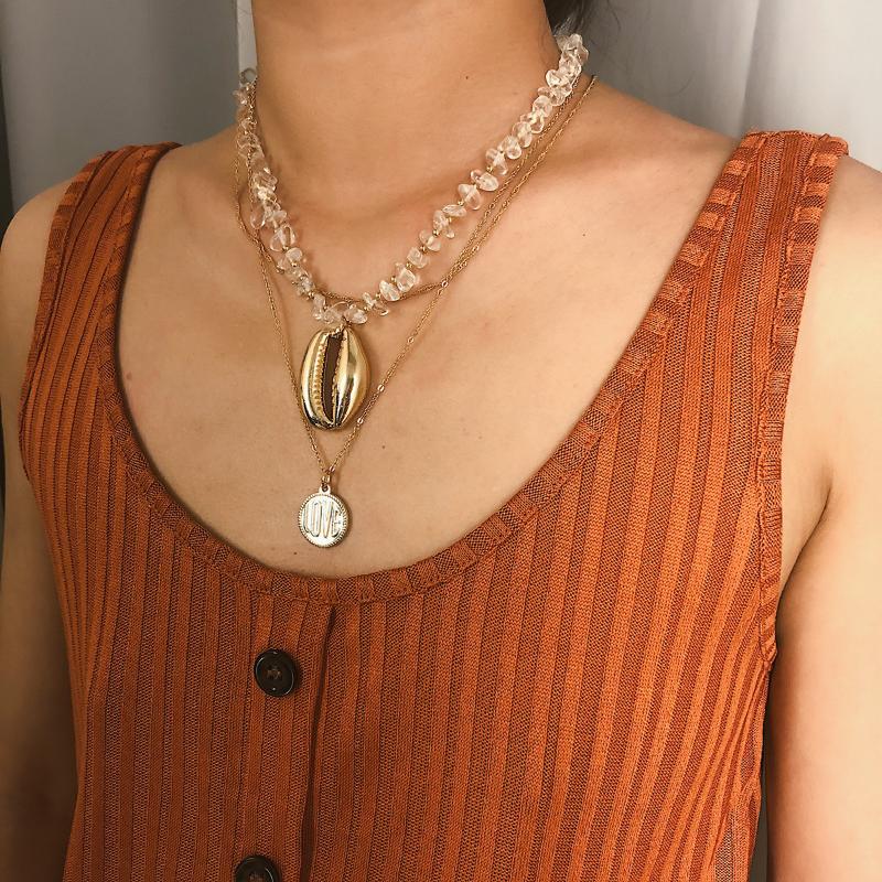 

Statement Big Shell Pendant Necklaces for Women Clear Crystal Stone Beads Multilayer Punk Chain Necklace Party Jewelry Kolye